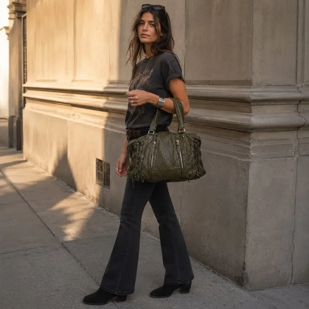 Olivia Harris Olive Green Genuine Leather City Satchel Boho Moto Bag